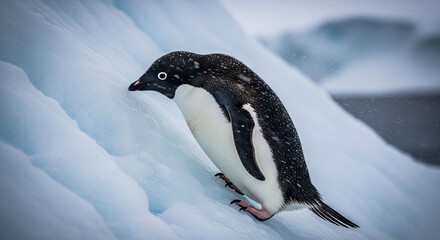 Ad&eacute;lie penguin carefully navigating a steep icy slope in a harsh cold Antarctic environment during a light snowfall