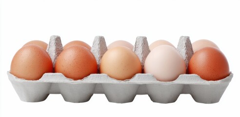 A fresh display of eggs in various colors arranged in a carton. These eggs are ideal for culinary use and healthy eating. A simple yet essential kitchen staple for many recipes. AI