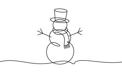 Minimalist continuous line illustration of a snowman with top hat and scarf on a snowy ground, perfect for winter designs, Christmas graphics and holiday themes