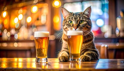 Striped tabby cat at a bar looking over a beer glass, another glass beside, in a warm, blurred light setting