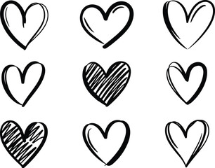 Hand-drawn heart icons, romantic love symbols, Valentine’s Day doodle set, decorative outline hearts, cute sketch illustration, red line art