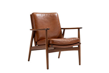 Fototapeta premium Modern brown leather armchair with wooden frame for comfortable seating