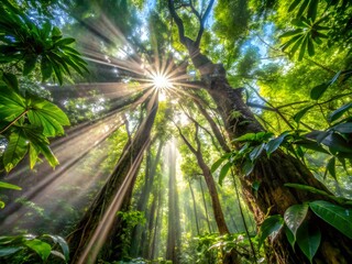 Naklejka premium Jungle Canopy Tendril Burst: Dramatic concept showing vine tips exploding outward from dense jungle canopy, intense shadows, bright shafts of tropical sunlight, high contrast, wild feeling.