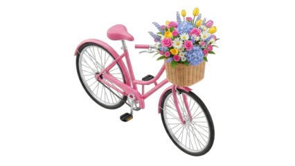 Pink Bicycle with Wicker Basket Full of Assorted Colorful Spring Flowers and Green Leaves on Transparent Background