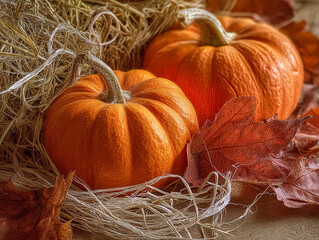 Two orange pumpkins lying in dry hay in warm autumn light.