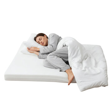 Young woman sleeping peacefully on a white mattress in a comfortable side sleeping position, isolated on transparent background