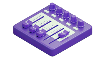 Purple Audio Mixer With Sliders and Knobs on Transparent Background Isometric View