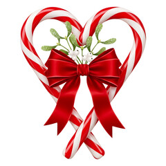 Heart shaped candy canes with a red bow isolated on a transparent background for Christmas