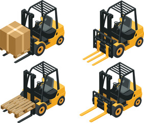 Isometric forklift illustration set, warehouse lifting vehicles, pallet loader, industrial equipment, cargo handling machines, logistics machinery icons, 3D vector design