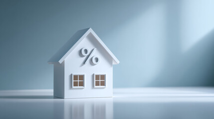 Minimalistic white house model with percentage symbol on roof representing mortgage interest rates and real estate finance concept in soft blue background
