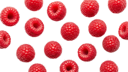 Numerous bright red raspberries scattered across a red and black striped background raspberry fruit