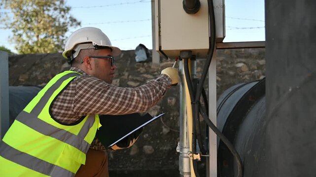 Industrial safety engineer inspecting electrical equipment and control system at power facility site
