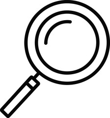 Magnifying glass icon, search tool symbol, zoom lens outline, minimal line art, exploration and research graphic, simple black and white vector illustration