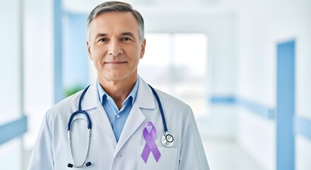 Smiling male doctor in a white lab coat with a stethoscope and purple ribbon, symbolizing World Cancer Day awareness and support concept