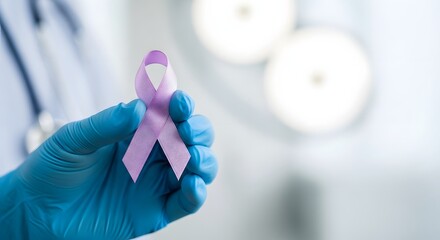 A doctor's hand in blue medical gloves showing a purple ribbon for World Cancer Day support and awareness concept