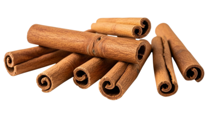 Pile of dried cinnamon sticks with textured brown bark and hollow centers spice
