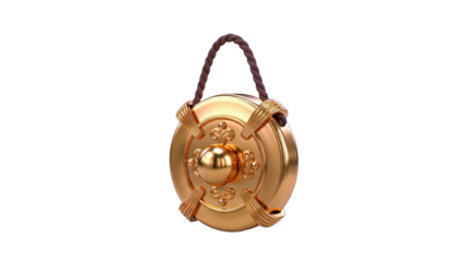 Golden Gong With Intricate Patterns And A Braided Rope Handle Isolated On A Black Background Reflective Surface Studio Shot