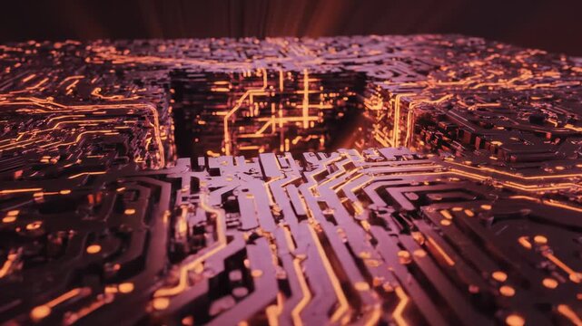 Digital circuit board with glowing lines evolving into a complex data processing cube, showcasing modern technology visualization.