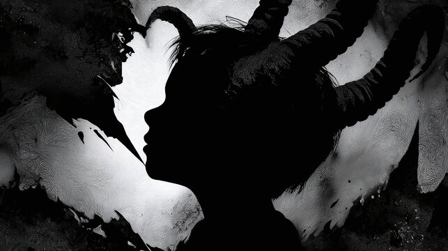 A child in silhouette with devil horns, in dark artistic image. A mysterious and spooky vibe.