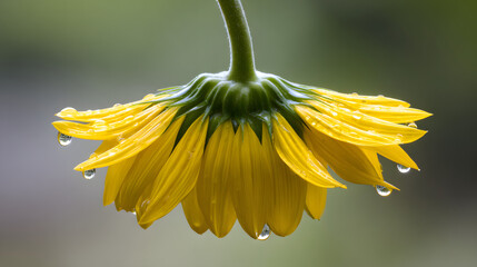 laurate. Sunflower drooping after a storm with rain droplets on its petals. gardening catalogs, home-decor guides, designed for home decor and floral branding, celebrates nature.