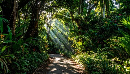 Obraz premium Sunlight streams through lush tropical foliage