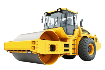 Yellow steamroller construction vehicle isolated on white background