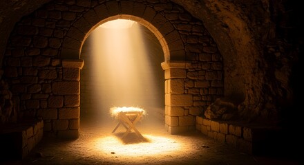 Humble Manger in a Stone Grotto Bathed in Golden Light - Spiritual Nativity Scene