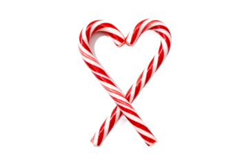Two red and white peppermint candy canes forming a heart shape