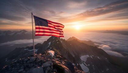 Chinese flag and American waving strongly above a modern city skyline, powerful bright