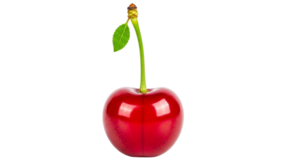 Single ripe red cherry with green stem and leaf on white background fruit isolated