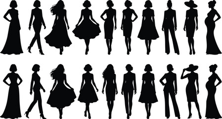 Elegant women fashion silhouettes collection illustration, female models wearing dresses hats and stylish outfits poses set, cad drawing flat vector illustration