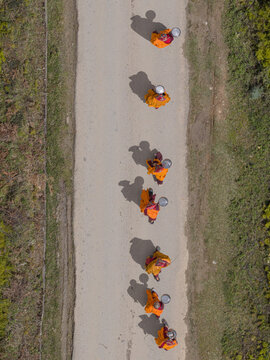 Gantey, Bhutan - 21 September 2025: Aerial view of monks in vibrant orange robes walking a dusty path, their shadows stretching long in the afternoon sun.