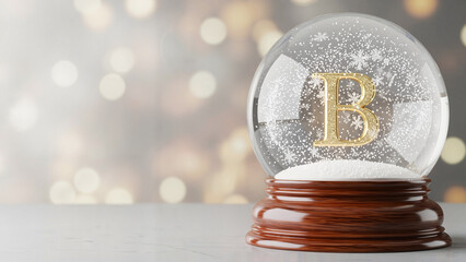 Glass snow globe with golden letter B and falling snowflakes , Bitcoin symbol in a magic ball