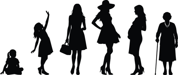 Woman's Life Stages from Childhood to Seniority Silhouette Evolution, Growth, Aging Process, Pregnancy, Maturity, Vector
