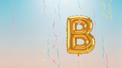 Golden letter B balloon floating with colorful streamers on blue background . Bitcoin symbol in the form of a balloon