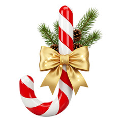 A festive holiday candy cane decoration with a gold bow and pine branches on a transparent background for Christmas
