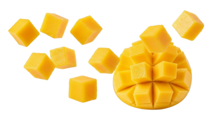 Sliced Ripe Mango Cubes and Half Fruit on Abstract Background pieces