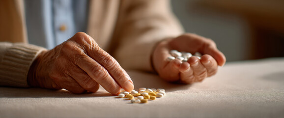 Close-up of elderly hands sorting and holding various white and yellow pills on a table with soft natural lighting