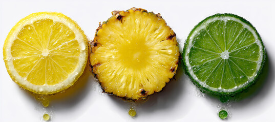 Three freshly sliced fruits including yellow lemon, spiky golden pineapple, and vibrant green lime, showcasing juicy flesh with glossy textures and detailed interior structures