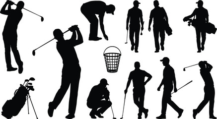 Golf player silhouettes collection illustration, athletes swinging putting walking with clubs in dynamic poses, professional sports concept artwork, cad drawing flat vector illustration