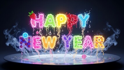 Vibrant 'Happy New Year' greeting with colorful, glowing, and dripping letters, illuminated on a dark background, evoking a festive and joyous celebration