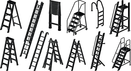 Industrial ladder silhouettes collection illustration, step ladders extension ladders rolling platforms and safety climbing equipment set, cad drawing flat vector illustration