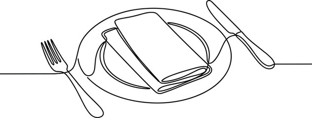 Minimalist single line table setting illustration, elegant dinner plate with napkin, fork and knife art, cad drawing flat vector illustration