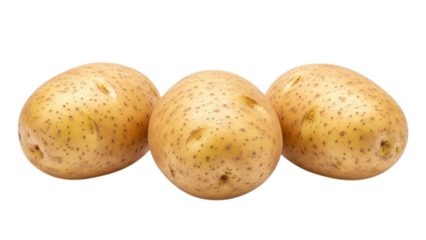 Three whole raw potatoes with brown speckles on light brown skin food