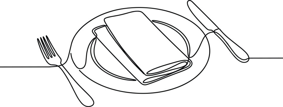 Minimalist single line table setting illustration, elegant dinner plate with napkin, fork and knife art, cad drawing flat vector illustration
