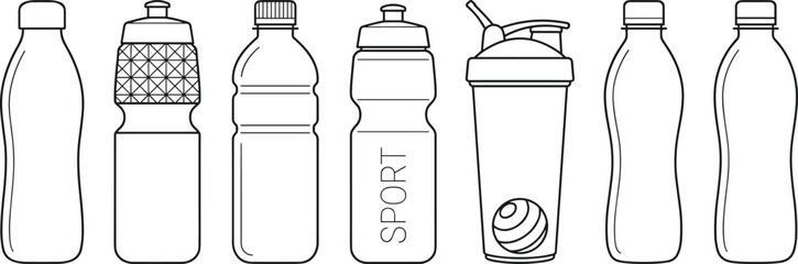 Minimalist sports water bottle collection illustration, reusable drink containers set, fitness hydration design, cad drawing flat vector illustration