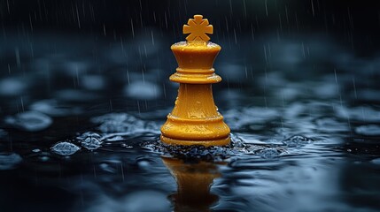 Yellow king chess piece in rain-filled puddle