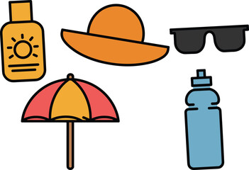 Summer essentials illustration featuring sunscreen, sun hat, sunglasses, beach umbrella, and water bottle, perfect for vacation, travel, outdoor safety designs