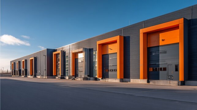 Modern industrial building with dark gray walls and orange door frames