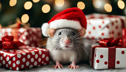 Cute Rat Wearing Santa Hat with Christmas Decorations